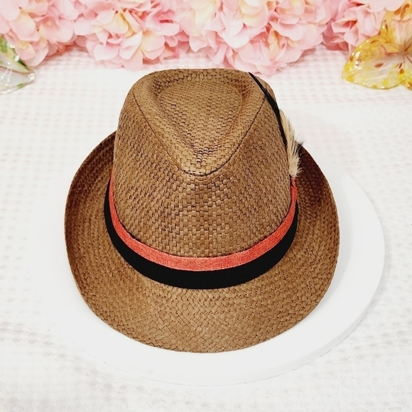 Westend Fedora Woven Paper Braid Mesh Tan Hat Size Small/Med Black Band Feather - Picture 6 of 9